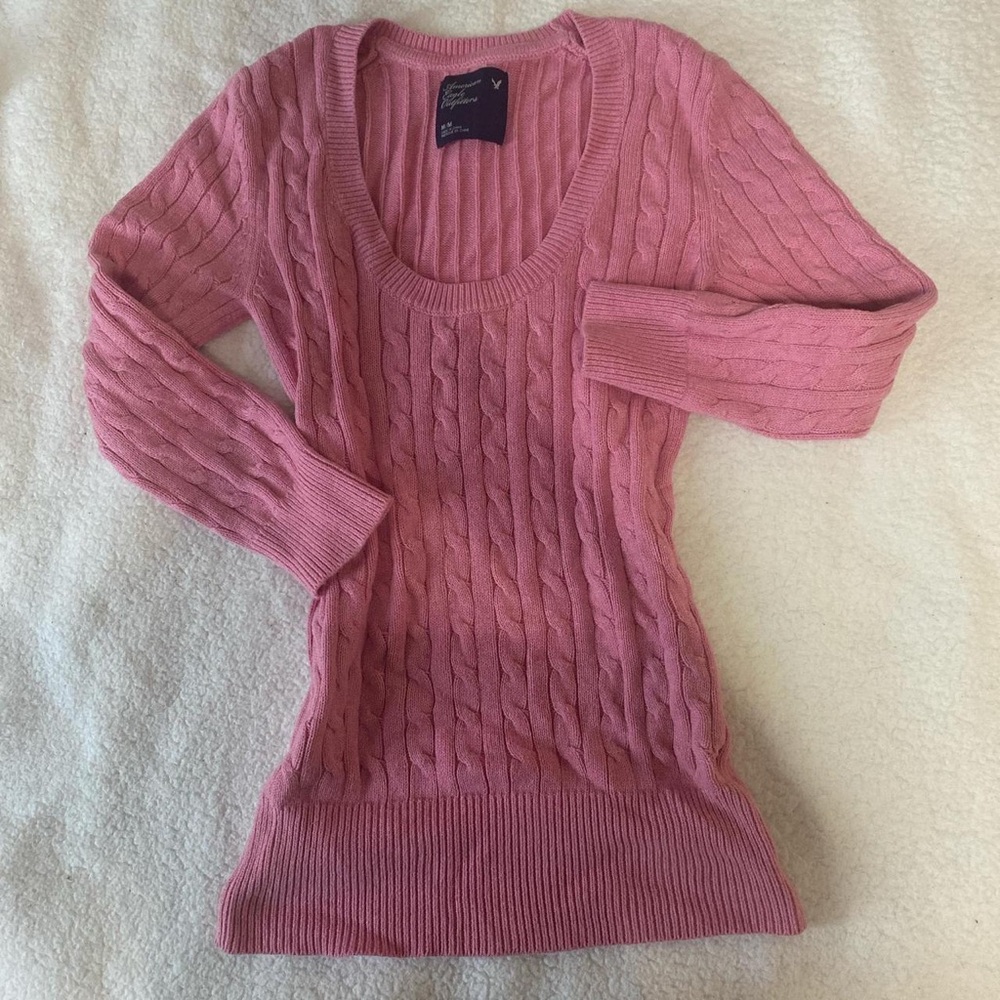 American Eagle Outfitters Pink Cable Scoop Neck Sweater